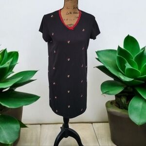 Black V-Neck Sleepshirt - Dorm Shirt with Red Trim & Cherry Embroidery